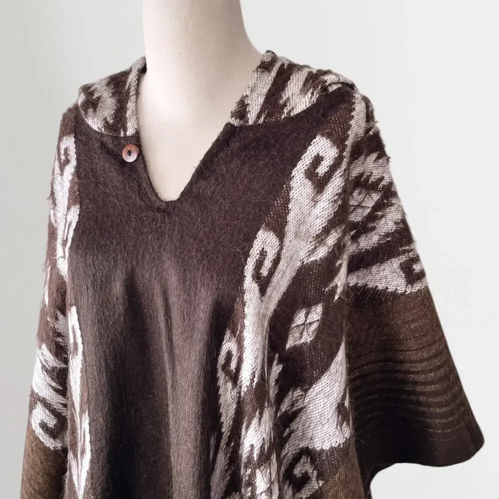 Vintage Alpaca Wool Blend Hooded Poncho Brown White One Size Aztec Boho - Picture 7 of 8